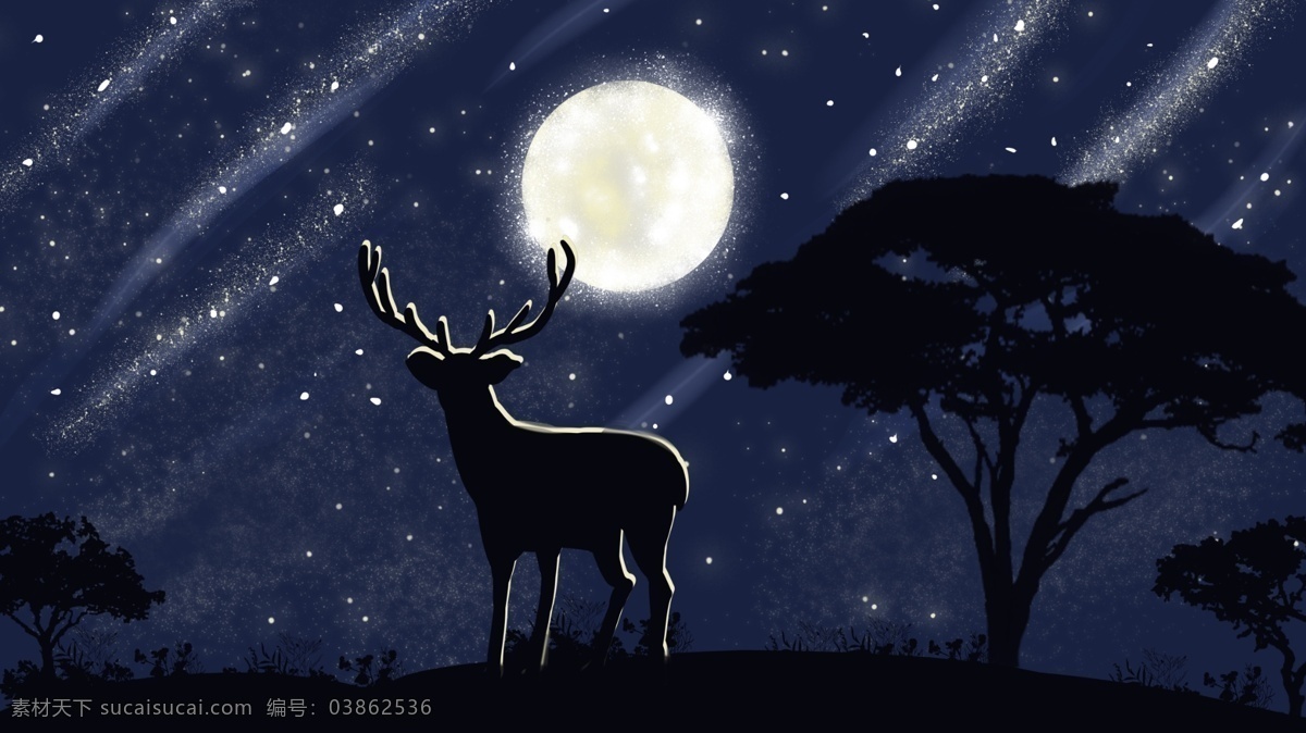 森林 鹿 系列 月光 下 治愈 插画 海报 配 图 星空 壁纸 动物 自然 森林与鹿 树 蓝色调 配图