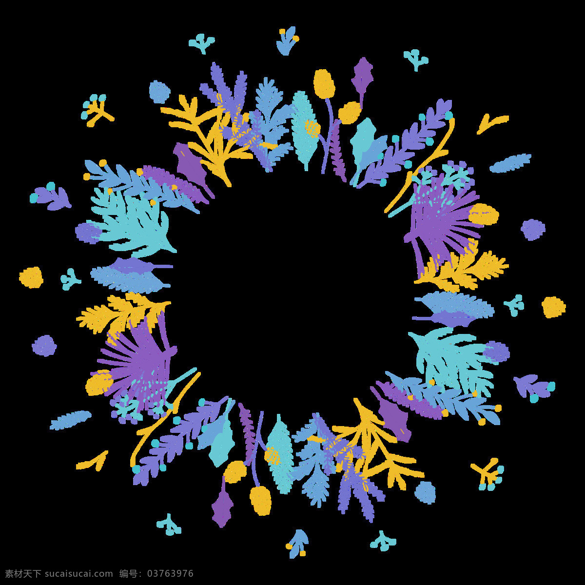花环 手绘 素雅 雅致 圆形手绘 装饰元素 蓝 黄 紫 树叶 装饰 元素