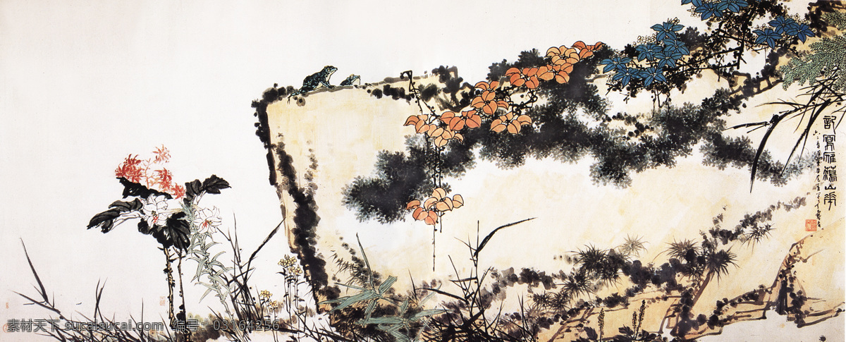 雁荡花石图 山石 国画 手绘 青花 花 树 兰花 艺术 绘画艺术 绘画书法 文化艺术