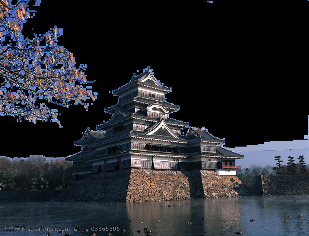 清新 楼 塔 实景 日本旅游 装饰 元素 湖面 日本文化 樱花 装饰元素