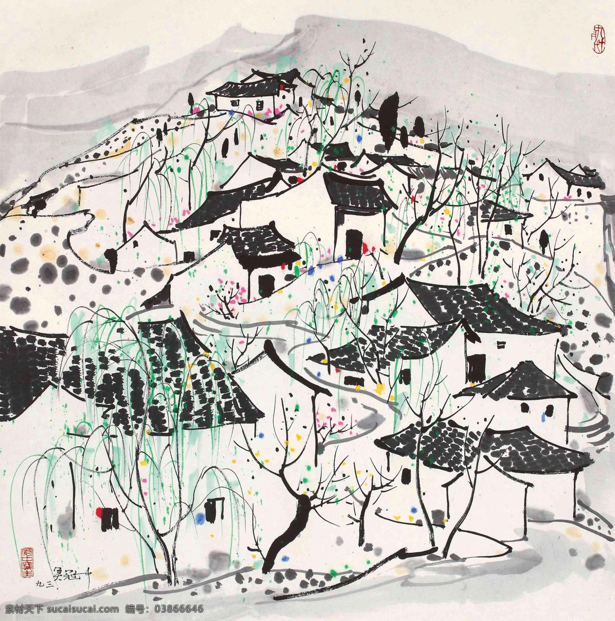 吴冠中 水墨画 中国画 江南水乡 抽象水墨画 装饰画 室内装饰画 房子 山村 柳树 山水画 白色