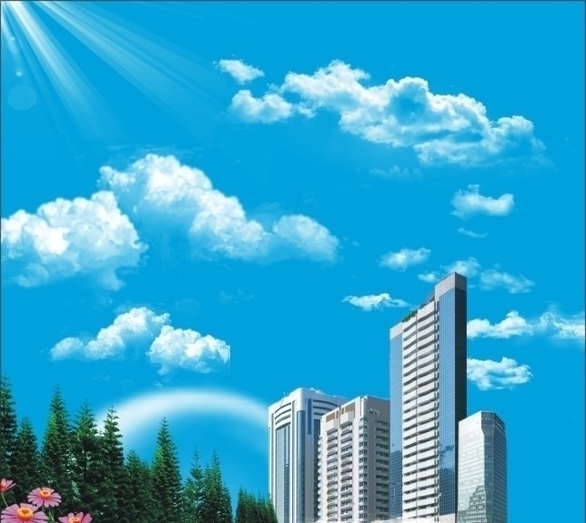 蓝天 白云 下 建筑 树丛 森林 花丛 光源 分层素材 风景 蓝底背景 清新宜人 城市一景 喷画小设计 建筑景观 自然景观 矢量