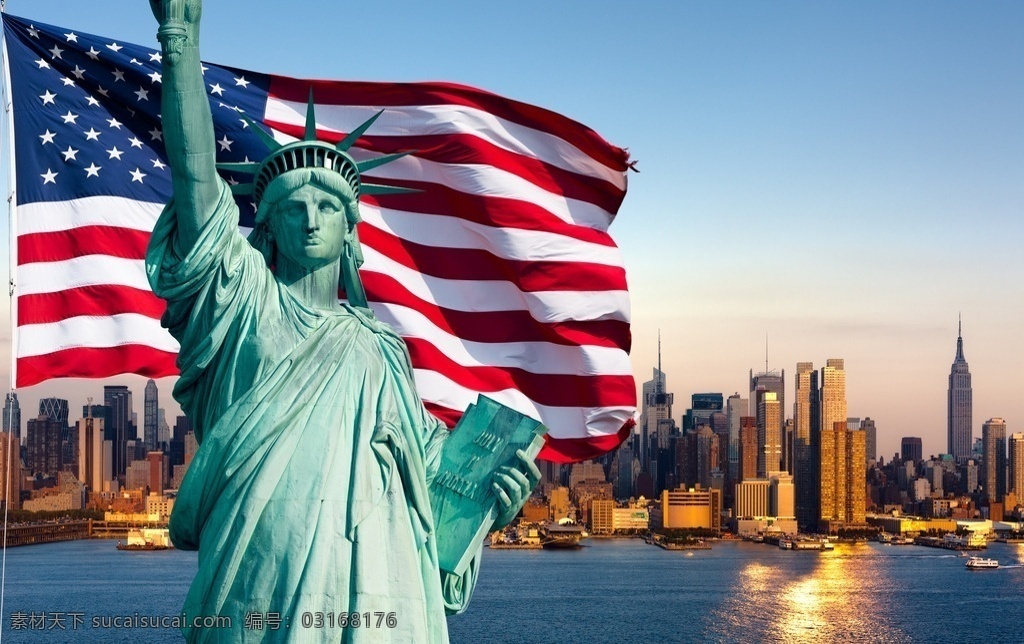 自由女神像 美国 国旗 海景 城市 旅游摄影 国外旅游