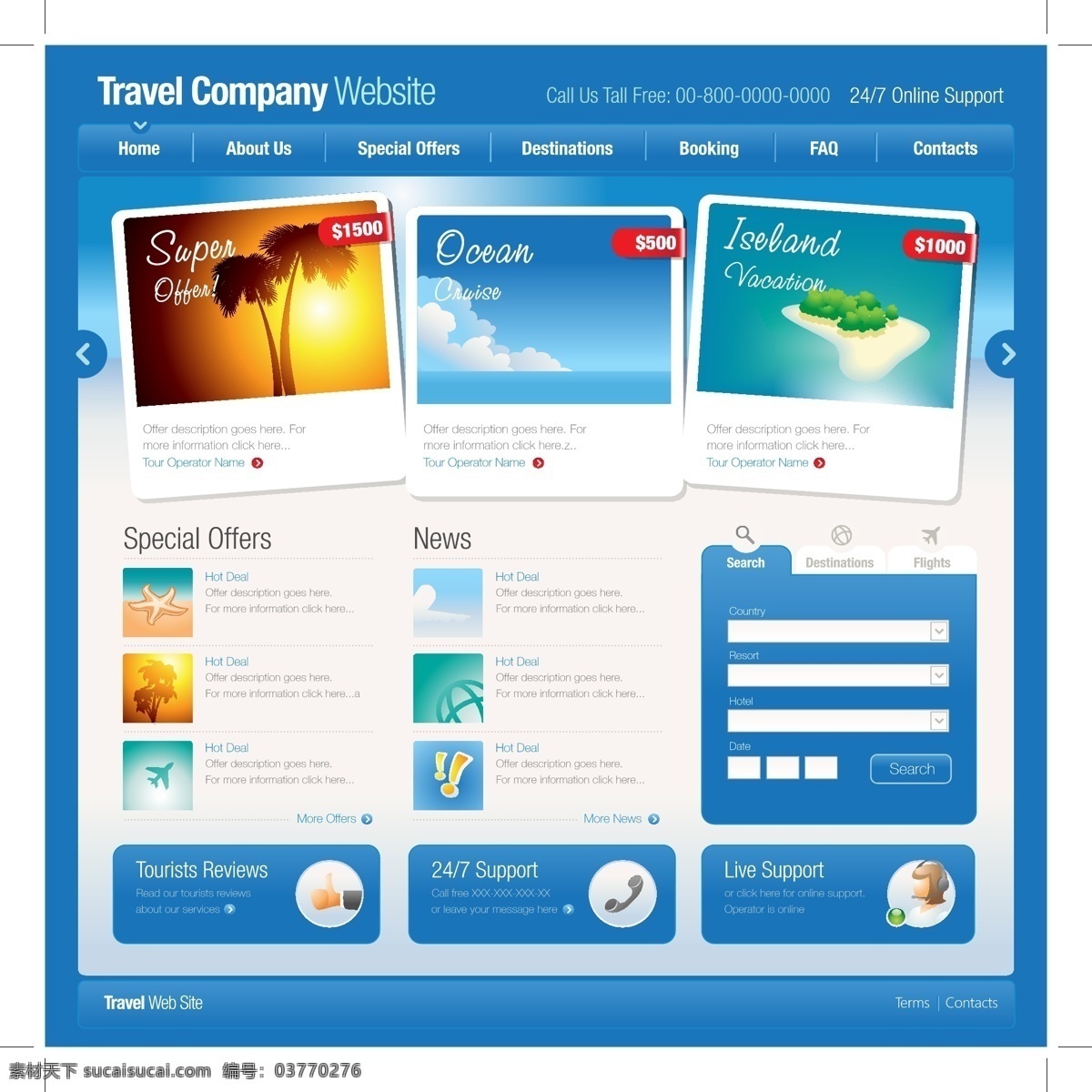 蓝色 风格 旅游网站 模板 矢量 旅游 网站