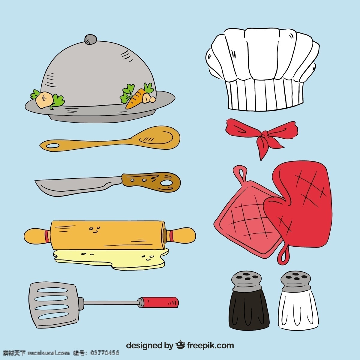 手绘 风格 各种 厨房用品 矢量 手绘风格 各种厨房用品 矢量素材 擀面杖 厨师帽 刀具 木勺 锅铲 手套 厨房用具