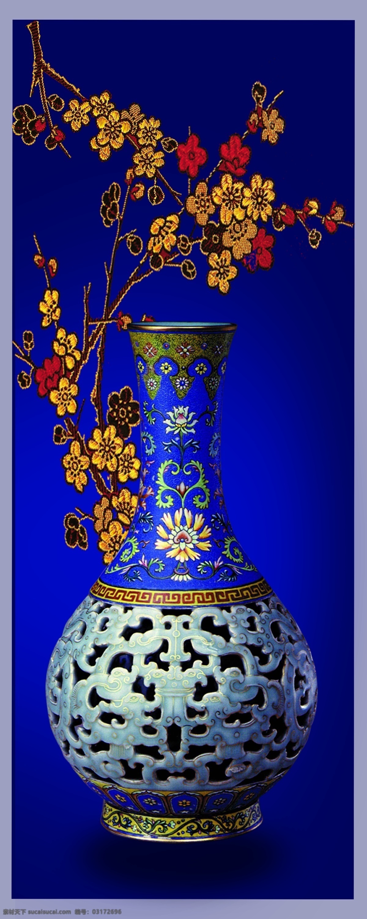 古董 花瓶 蓝色 背景 贴花 梅花 创意