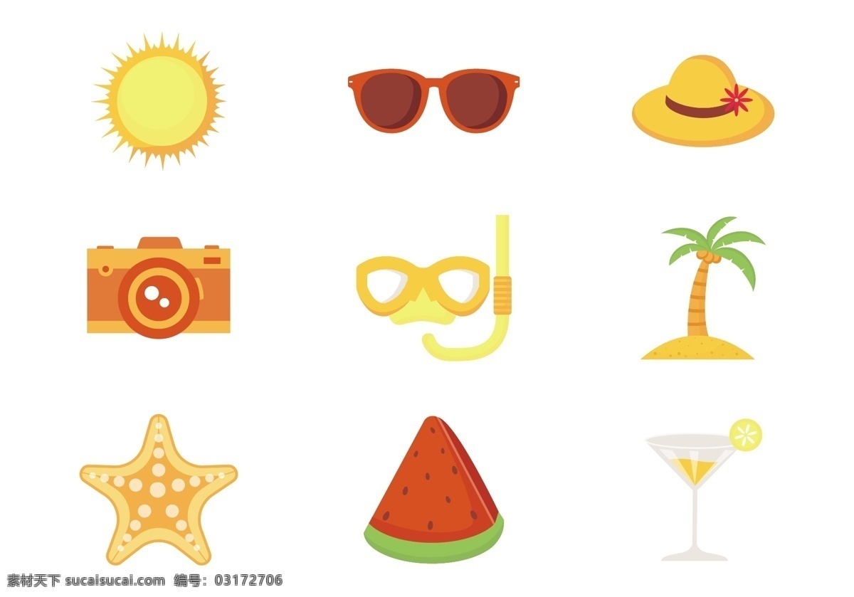 夏天 度假 图标 矢量 太阳 眼镜 帽子 相机香蕉 椰子树 海星 西瓜 饮料 矢量素材 夏天图标 度假图标