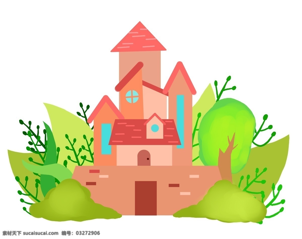 卡通 别墅 城堡 插画 红色的城堡 卡通建筑物 绿植装饰 住房 房屋 楼房建筑 漂亮的城堡 卡通插画