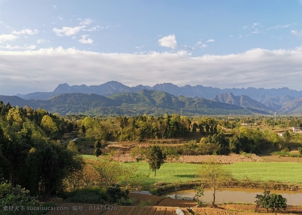 远山 蓝天 农田 树群 背景 山峰 自然景观 山水风景