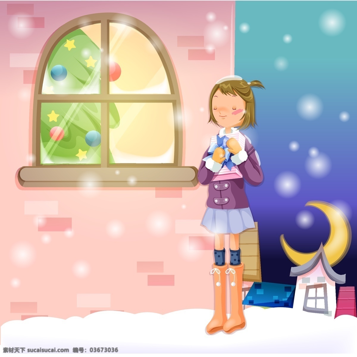 雪 中 等待 礼物 女孩 圣诞节矢量 等待她的礼物 节日素材