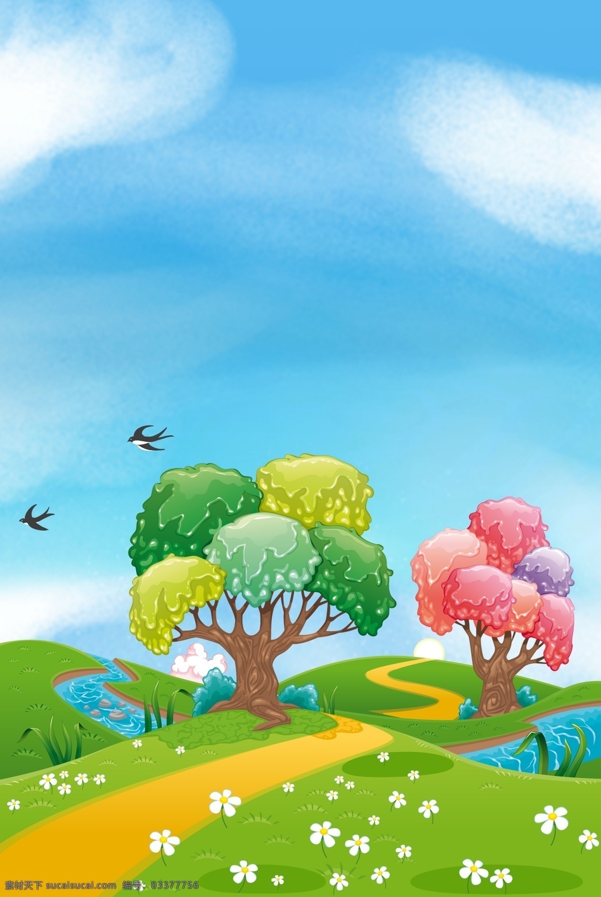 春季 自然风景 合成 创意 背景 自然风光 风景 春季风景 绿色 树木 花草 蓝天 白云 鸟 简约 卡通