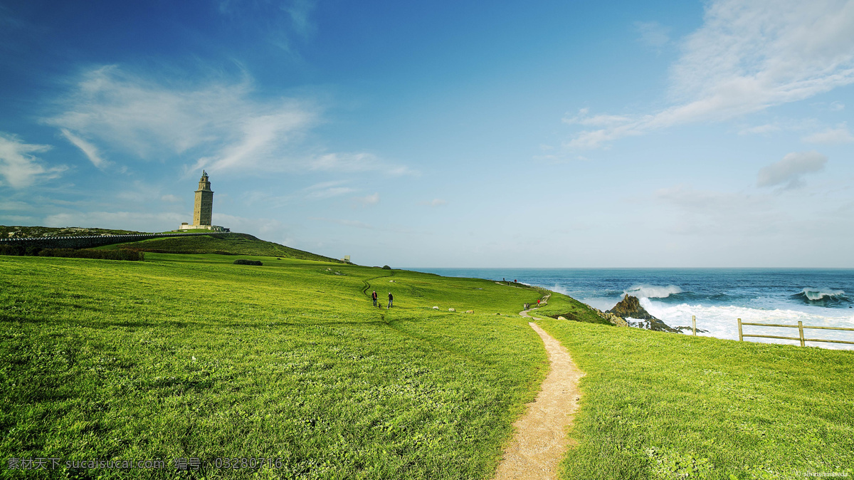 方向 灯塔 小路 曲折 草地 海浪 蓝天 自然景观 山水风景