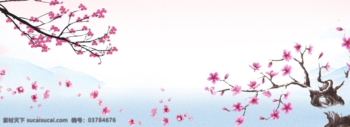 春天 中国 风 粉色 蓝色 电商 海报 背景 樱花节 樱花 花瓣 水面 山 春季 中国风 清新 女装 春季促销 新春上市
