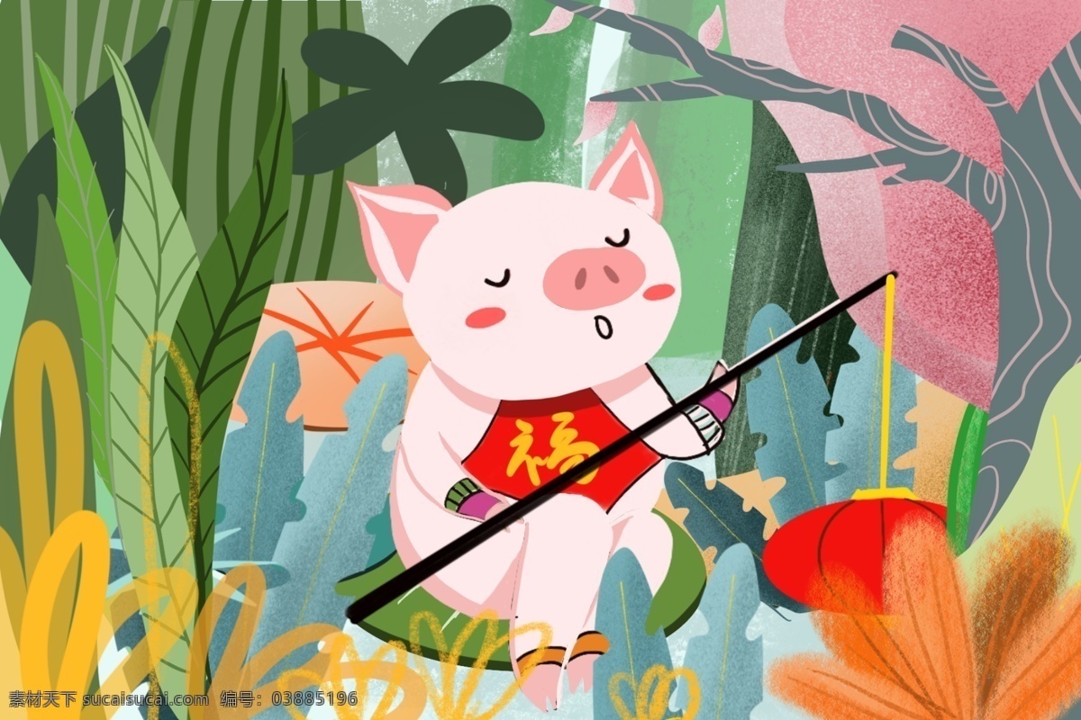 2019 年 猪年 福 猪 新年 快乐 插画 五福 灯笼 可爱