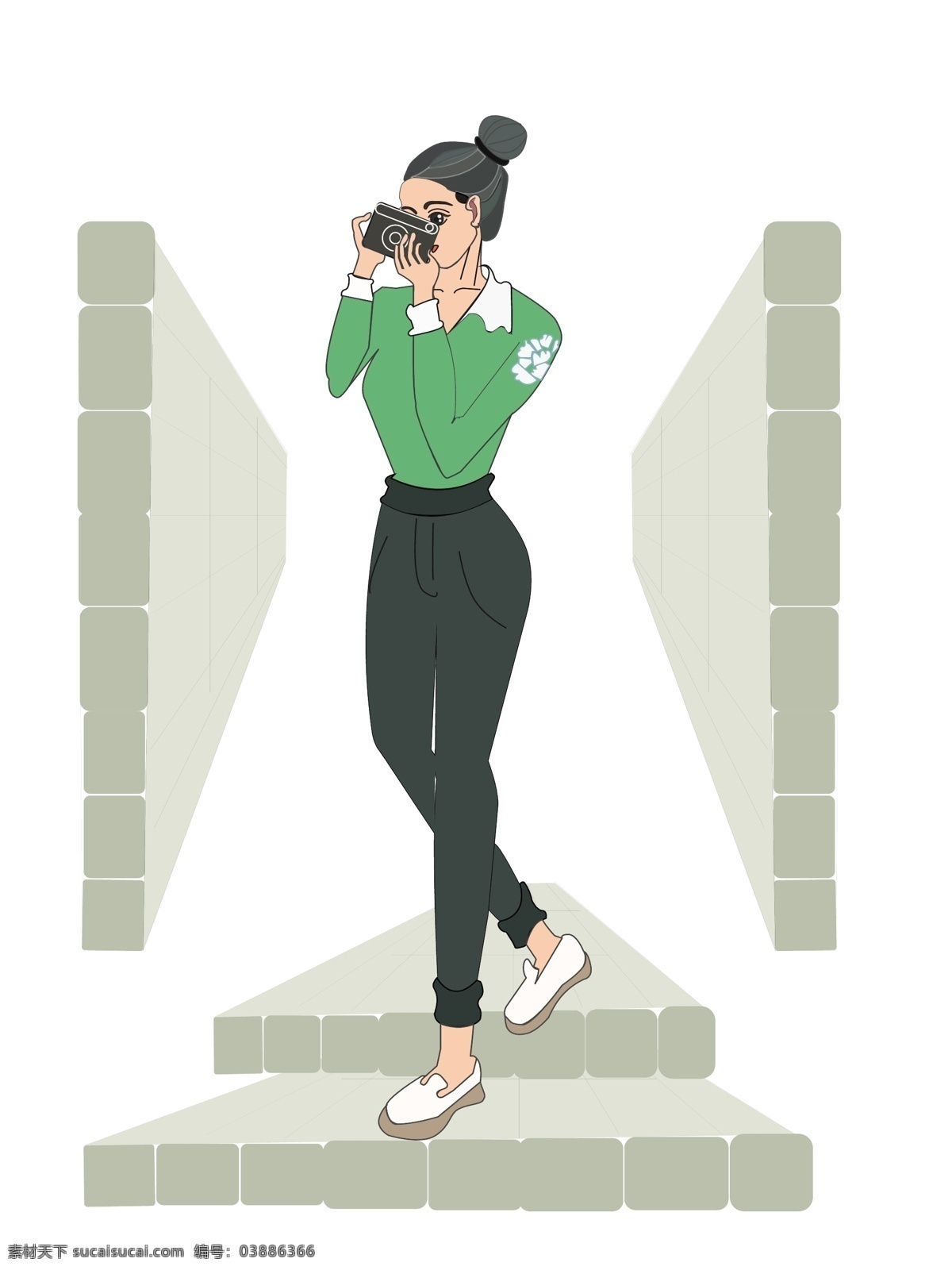 拍照 手绘 插画 免 抠 拍照摄影 绿色上衣 绿色 女子 拍照的女孩子 台阶 白鞋子 摄影主题插画 拍摄插画 拍照摄影专题