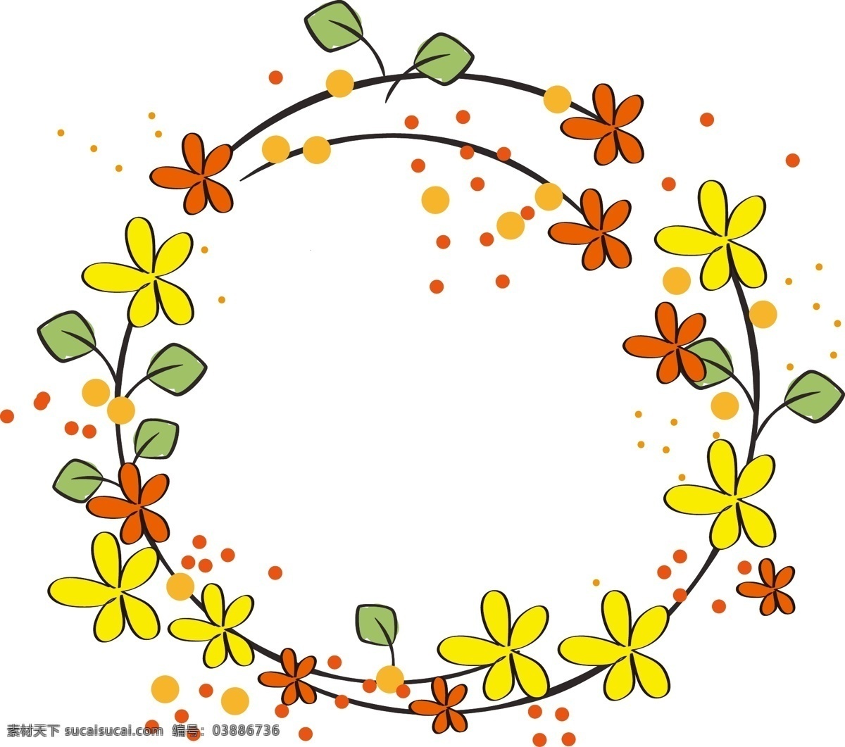 圆形 漂亮 花 藤 插画 圆形的藤蔓 红色的花朵 黄色的花朵 绿色的叶子 植物 漂亮的花藤 花枝