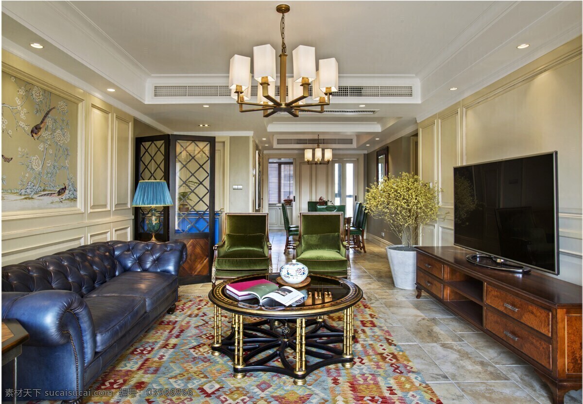欧式 轻 奢 客厅 深蓝色 亮 沙发 室内装修 效果图 花纹地毯 客厅装修 深蓝色沙发 圆形茶几