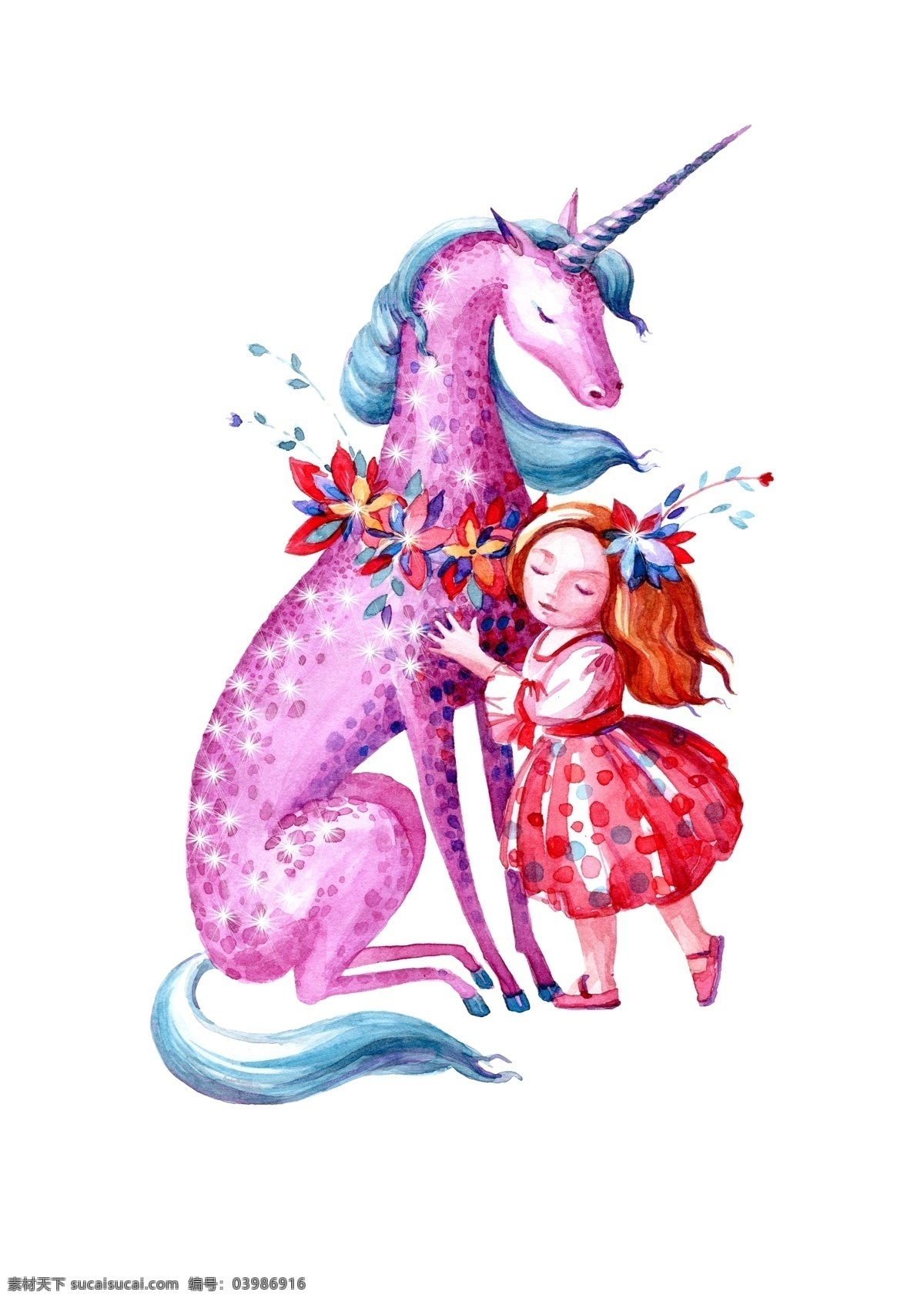 手绘 一小 女孩 拥抱 独角兽 源文件 粉红色 花卉 卡通 可爱 唯美 温馨 装饰图案