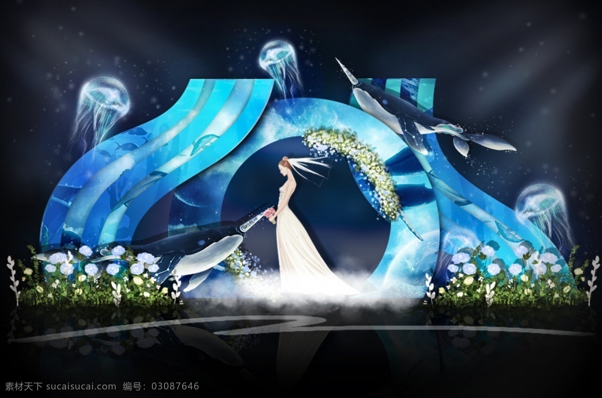海洋 圆 拱门 异形 婚礼 效果图 蓝色 鲸鱼 婚礼效果图 海洋系 水母