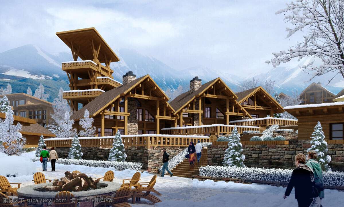 美丽 房屋 环境设计 建筑设计 人物 天空 雪景 树挂 家居装饰素材