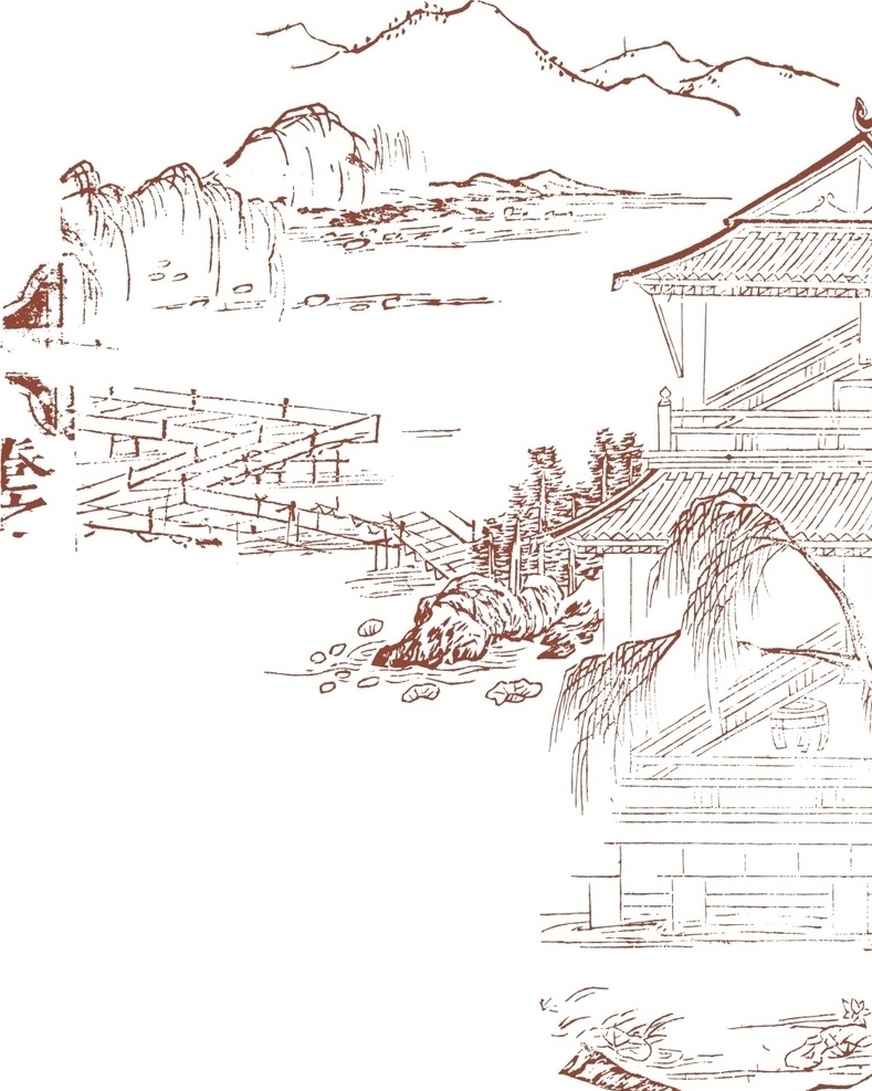 中国山水画 传统图 素描山 传统山水画 中国古文化图 素描山水画 传统插图