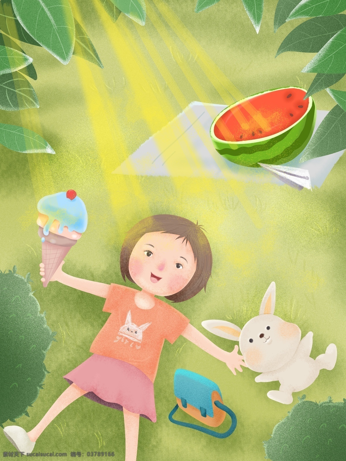 小暑 小女孩 躺 草坪 小 兔子 清新 插画 女孩 西瓜 冰淇淋