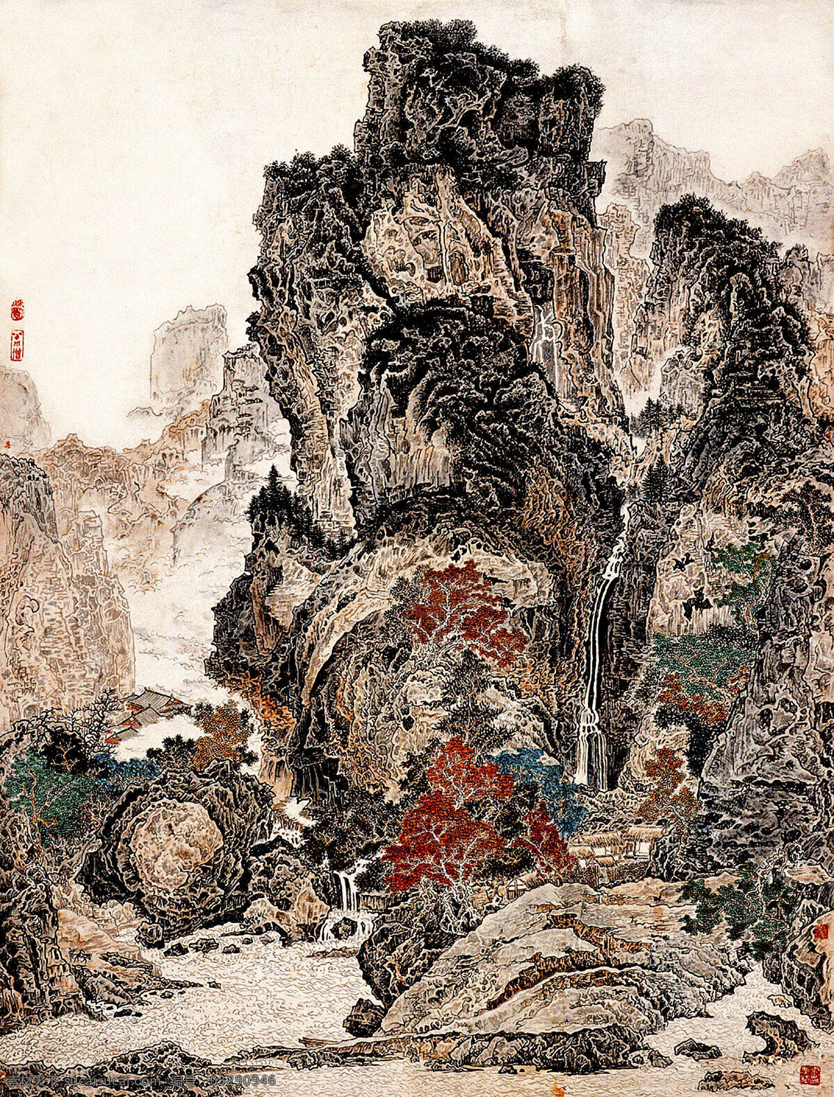 彩墨画 房屋 高山 绘画 绘画书法 美术 瀑布 山峰 秋山图 中国画 工笔重彩画 山水画 山岭 秋山 溪流 寺院 山路 山石 云雾 树木 红树 书法 印章 国画集19 文化艺术 家居装饰素材 雕刻 图案