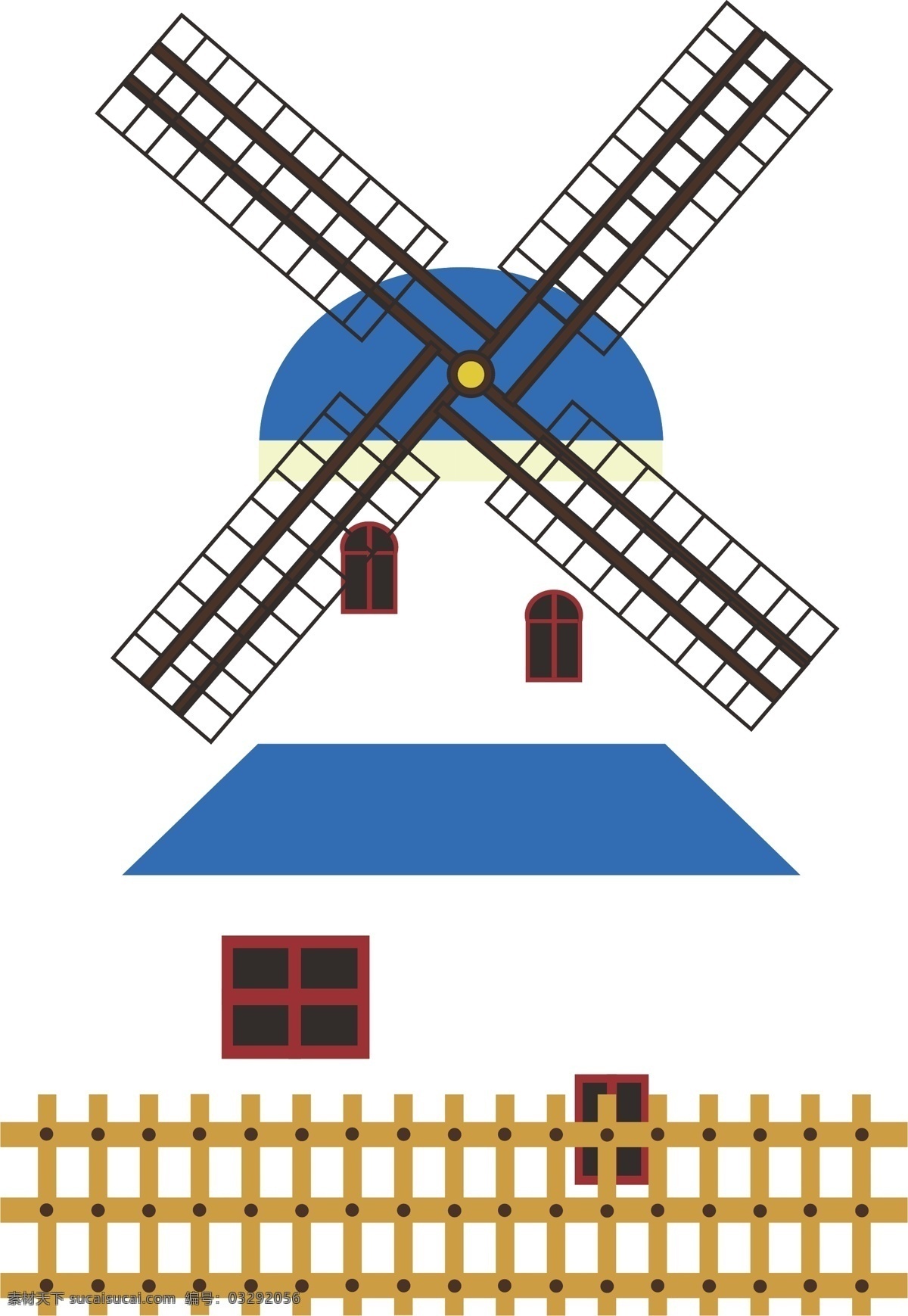 蓝色 风车 建筑 插画 黑色的扇叶 卡通插画 风车插画 环保风车 风车发电 农场风车 蓝色的建筑