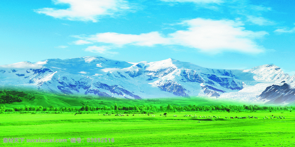 青海风光 雪山 草地 牛羊 蓝天 自然景观 山水风景 摄影图库