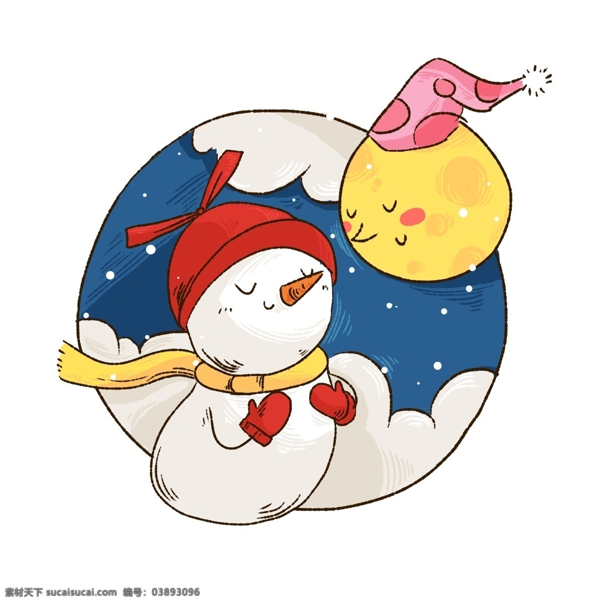 冬季 冬天 可爱 雪人 卡通 形象 月亮 拟人 夜晚 交流 下雪 温暖