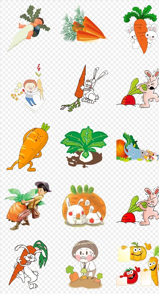 卡通 可爱 手绘 兔子 拔 萝卜 小白兔 拔萝卜 萝卜蔬菜 卡通插画