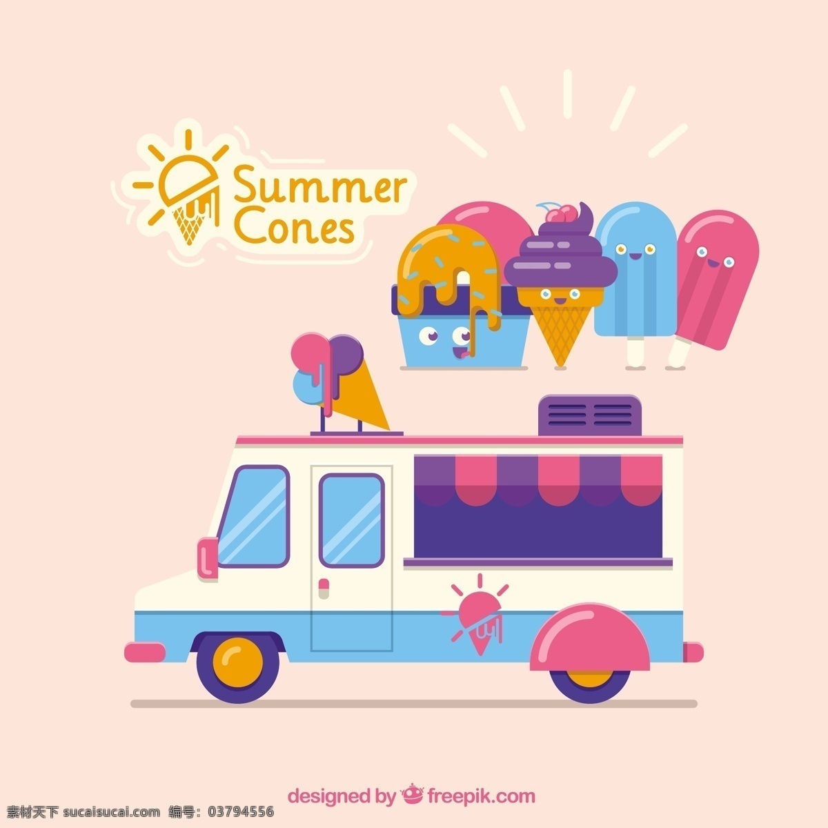 冰淇淋车 夏天 冰淇淋 冰 五颜六色 甜 冷冻 面包车 插图 甜点 流行 奶油 美味 锥 面霜 粉色