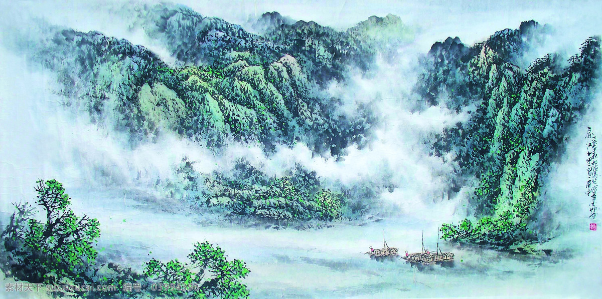 春江十里画屏 美术 中国画 山水画 山岭 江流 船只 树木 云雾 国画集127 文化艺术 绘画书法