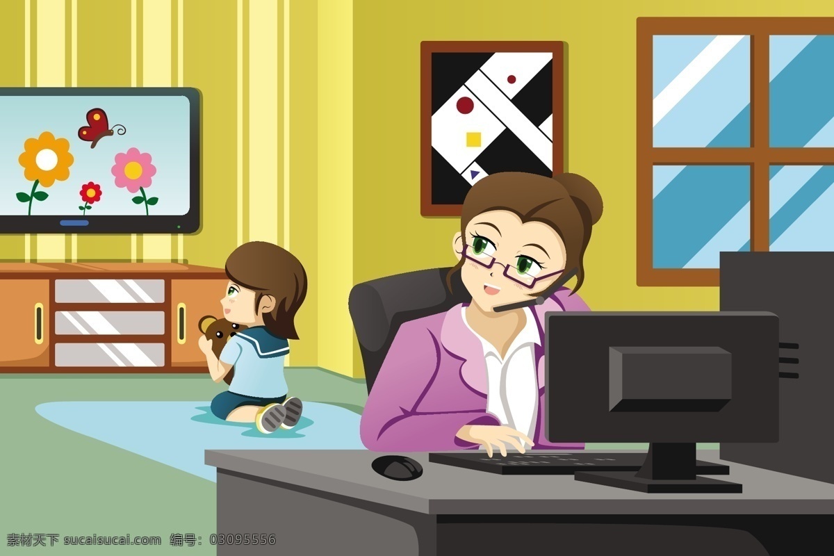 在家 休闲 妈妈 孩子 家庭 上网 玩电脑 看电视 窗户 矢量 卡通家庭主题 日常生活 矢量人物