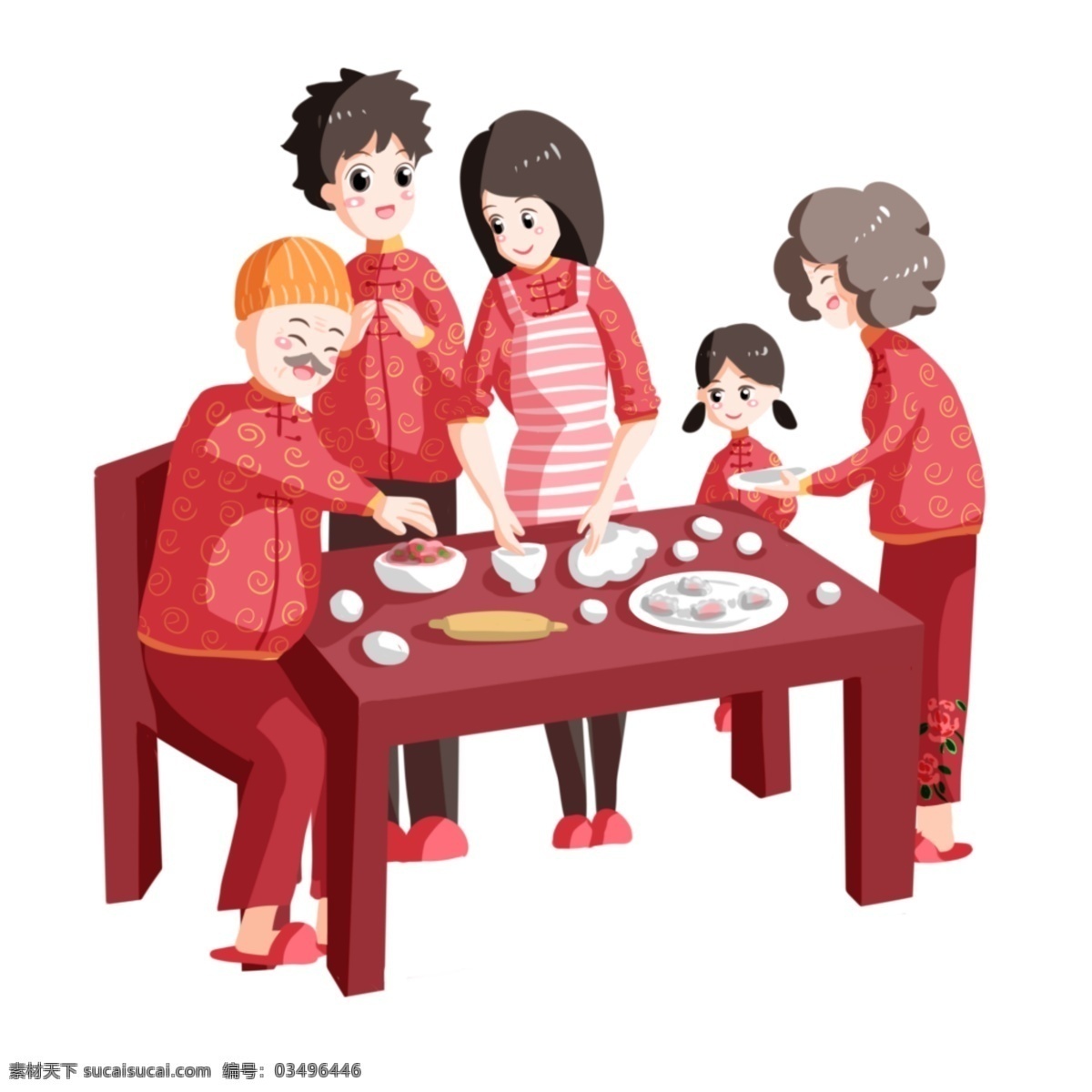 团聚 一家人 美食 幸福的一家人 红色的桌子 美味的食物 卡通人物 团聚人物插画 红色的凳子 黄色的帽子