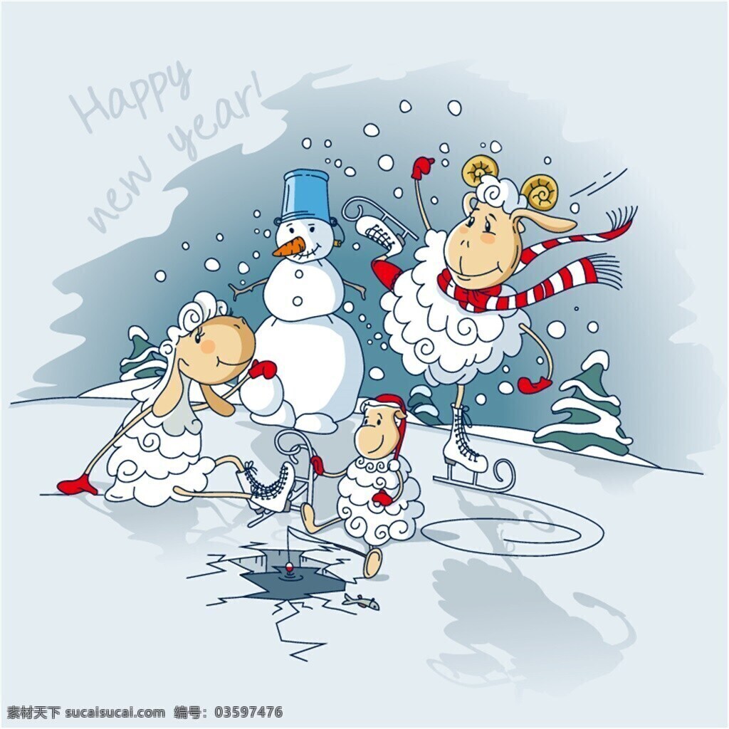 可爱 绵羊 雪人 矢量 跳舞 白雪 冬天圣诞节 矢量素材 装饰图案 水彩