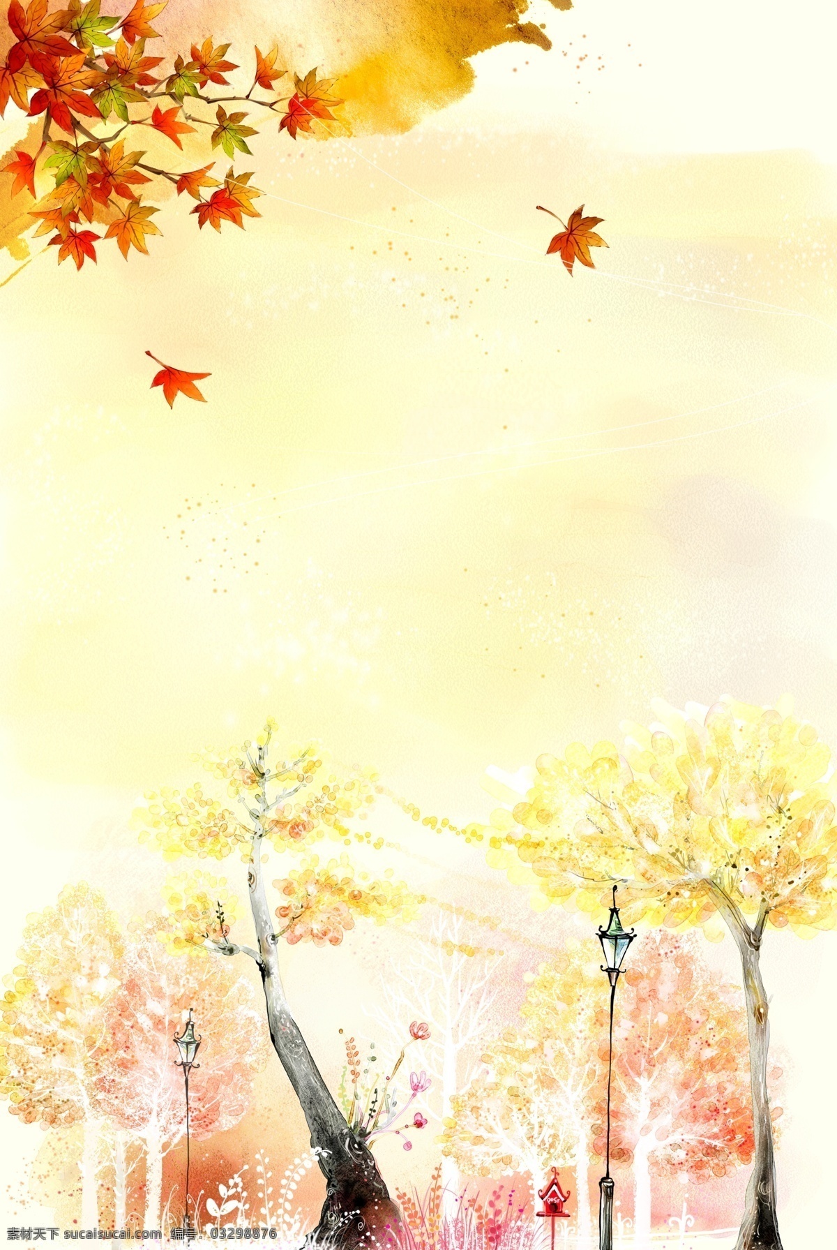 秋季落叶插画 秋季背景 金黄色背景 秋天风景 枫叶 水彩风 水墨风 枫树