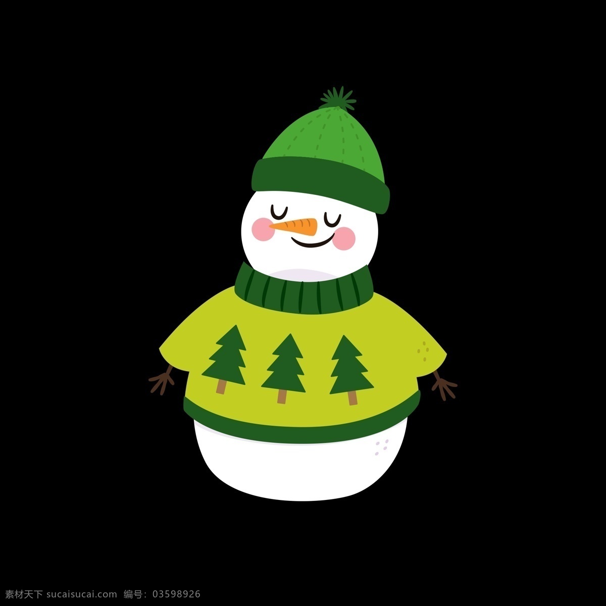 帽子 雪人 卡通 衣服 儿童 创意 微笑 小树 绿色 新奇