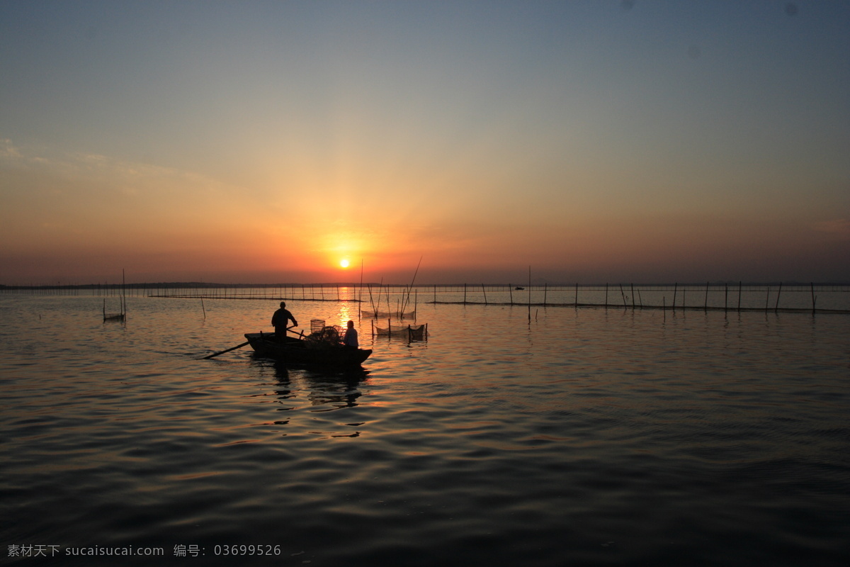 渔舟唱晚 夕阳 小舟 渔民 山水风景 自然景观