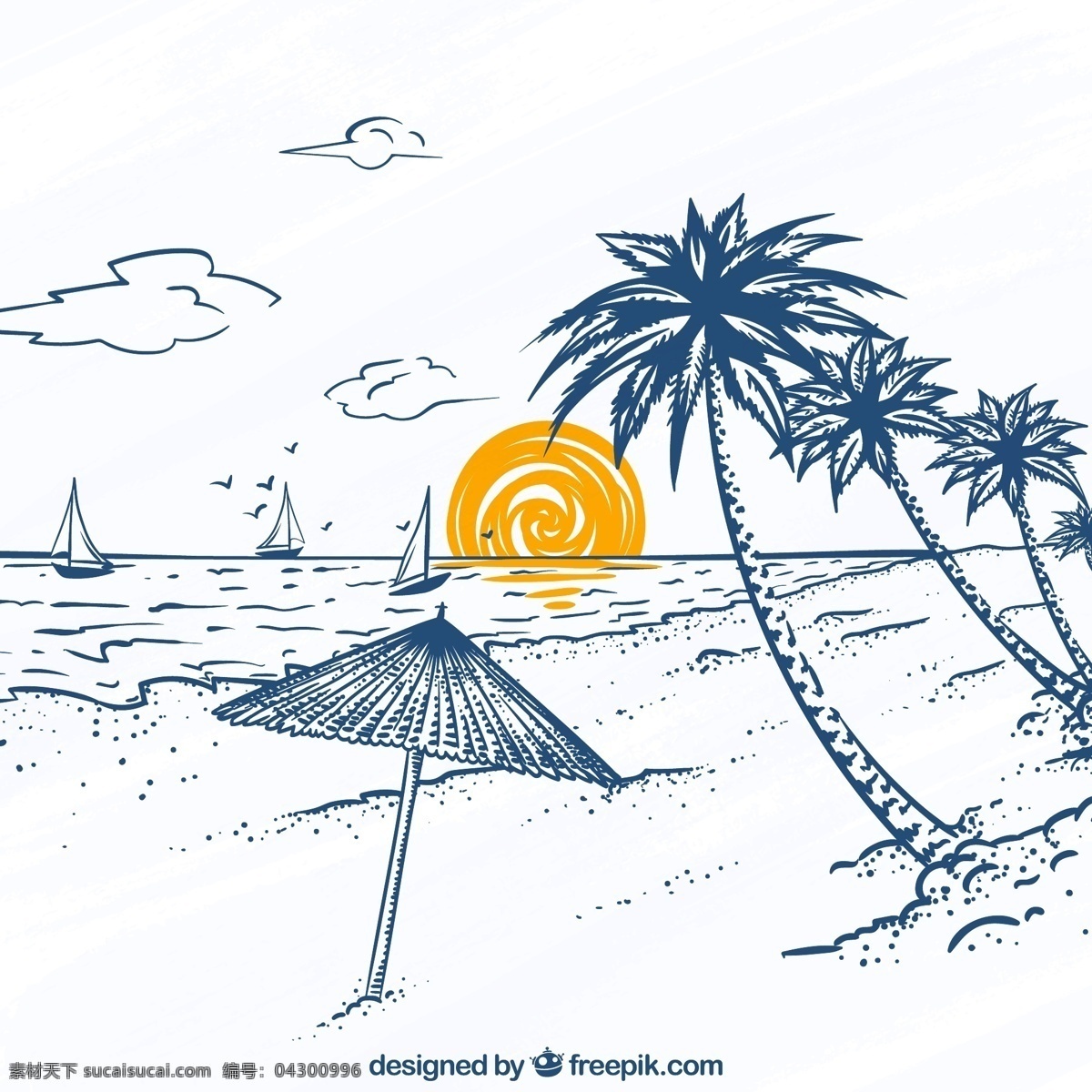 海滩 棕榈树 风景图片 海鸥 彩绘 夏季 沙滩 太阳 矢量 高清图片