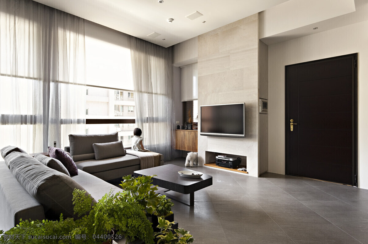 简约 客厅 灰色 电视 背景 墙 装修 效果图 长方形茶几 方形吊顶 灰色地板砖