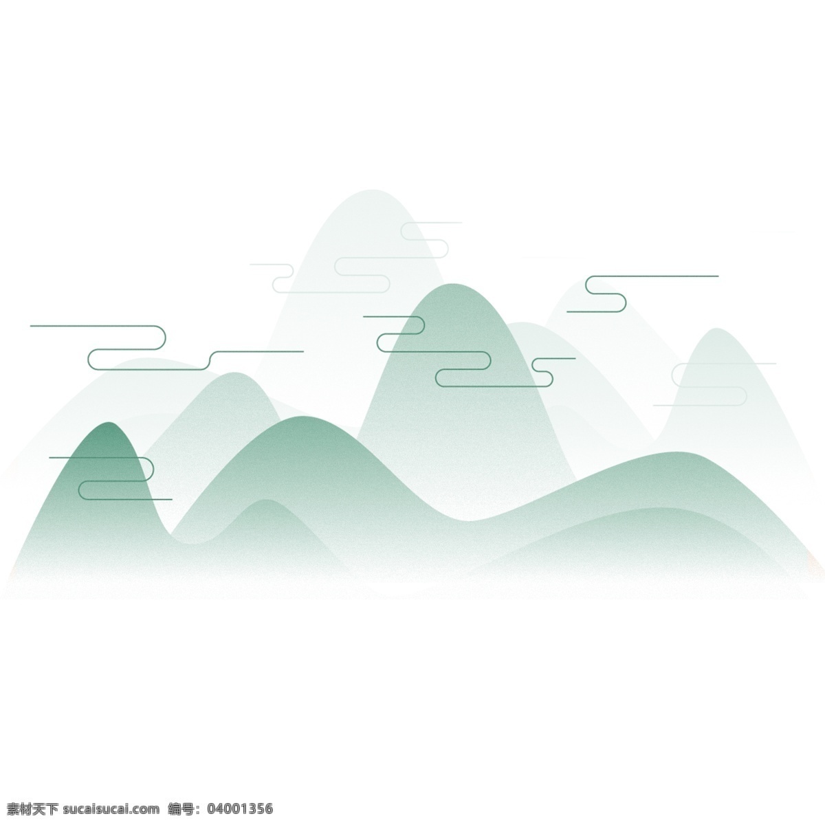 初春 春季 绿色 山峰 手绘 插画 简约 简单 云纹 线条 文化 唯美 大方 大气 自然风景
