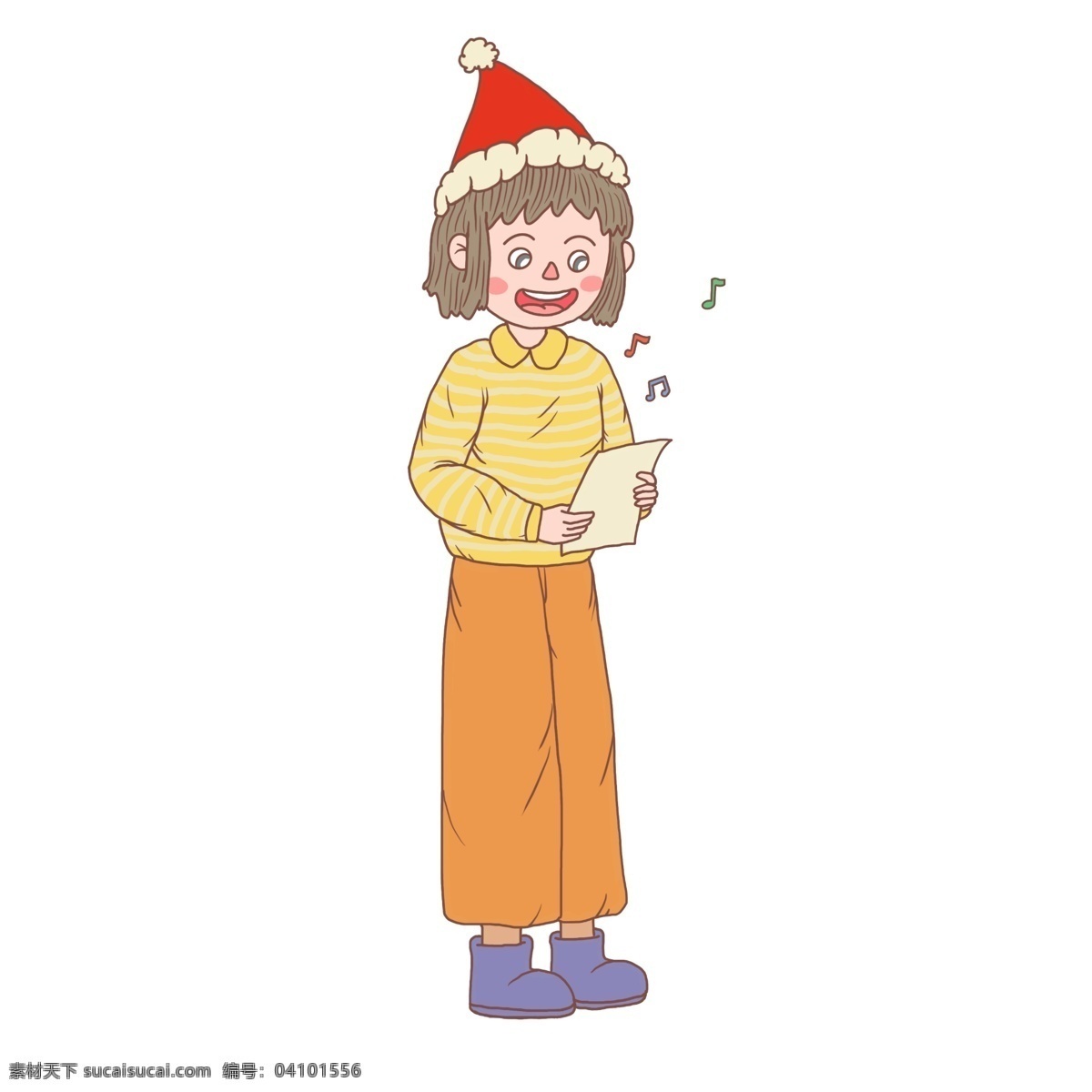 圣诞节 卡通 手绘 女孩 唱 圣诞 歌 圣诞夜 礼物 圣诞礼物 圣诞帽子 圣诞快乐 圣诞老人 圣诞树 糖果 彩带