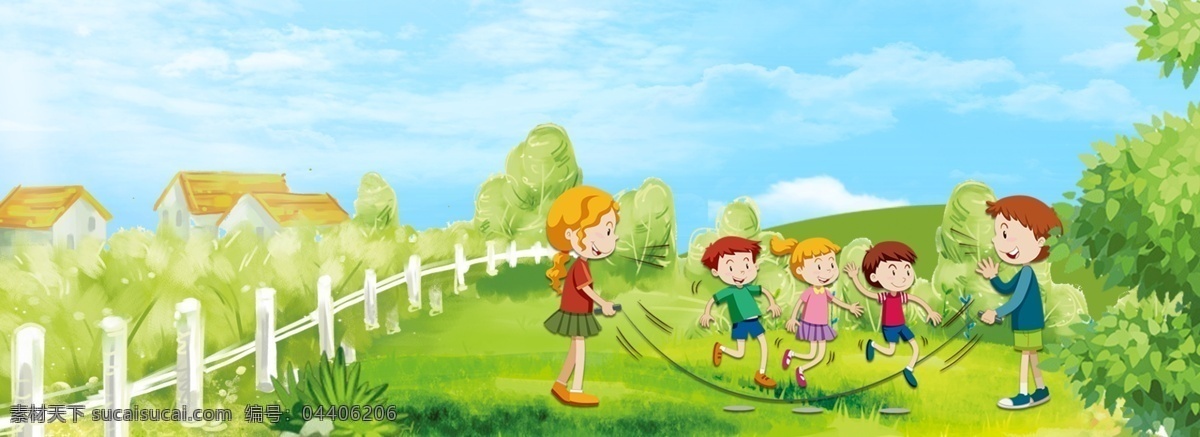 绿色 手绘 六一儿童节 跳绳 小朋友 背景 跳绳的小朋友 夏天 蓝天背景 儿童节 户外 房子 栅栏