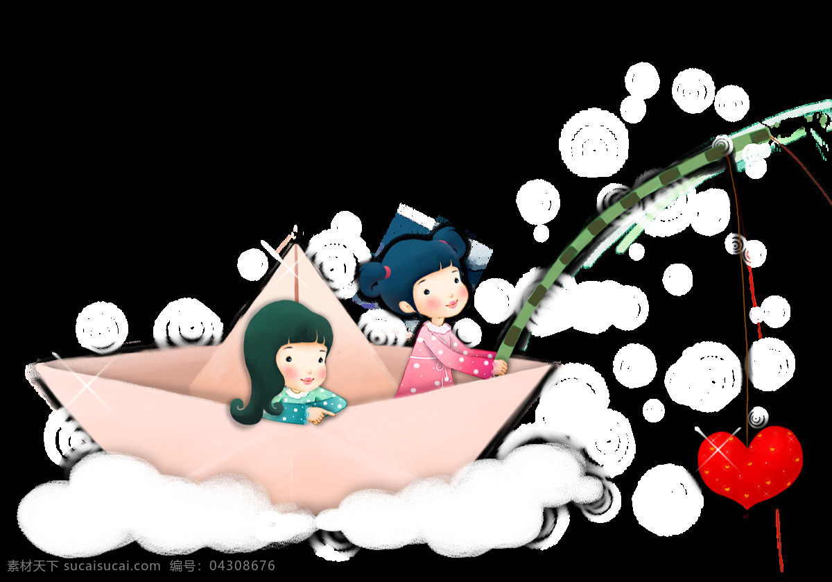 两个 女孩 坐在 云 上 纸船 钓 心 美图 png元素 红心 梦幻 免抠元素 童话 透明元素