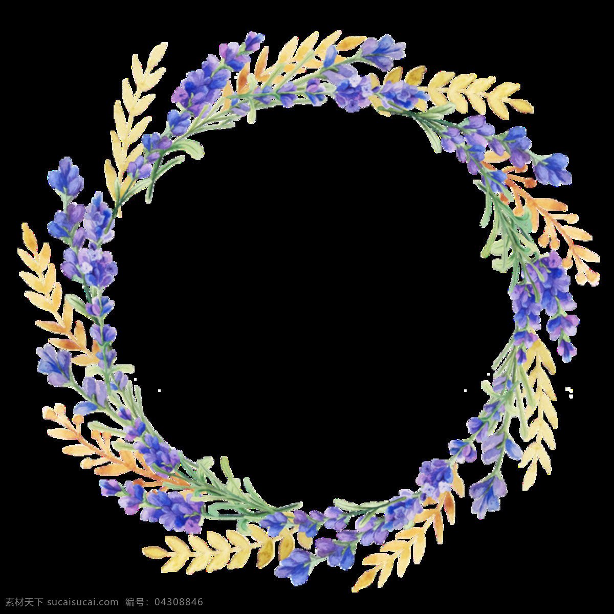 花环 黄色树枝 手绘 圆形手绘 装饰元素 紫色花朵 清新 文雅 装饰 元素