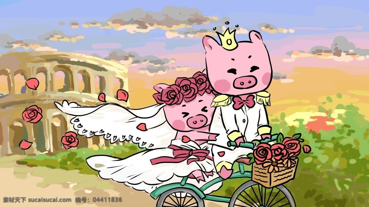 猪 婚礼 插画 猪猪 卡通 结婚 夕阳