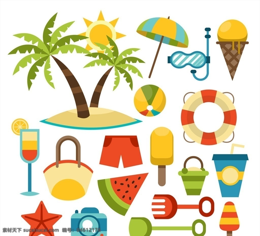 夏季 度假 元素 太阳 椰子树 遮阳伞 潜水护目镜 矢量 高清图片
