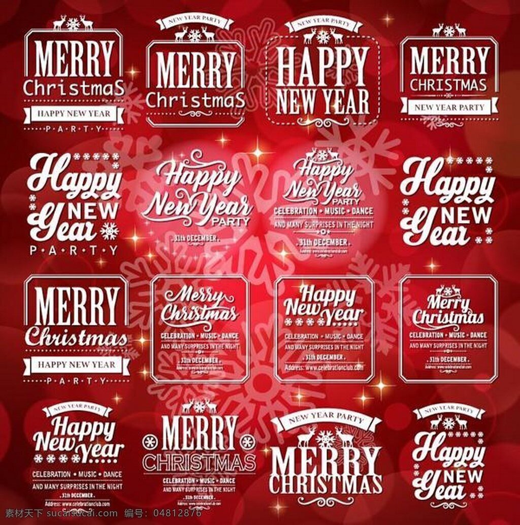 新年 圣诞 图标 红色 背景 白色字体 红色背景 圣诞快乐 新年快乐 雪花