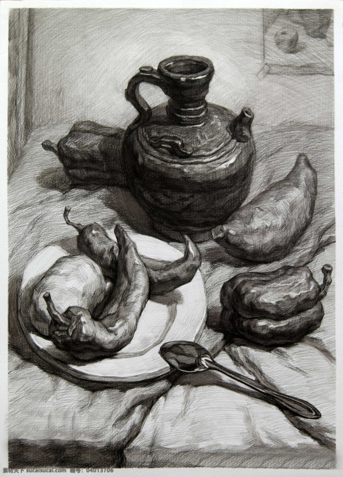 素描 素描静物 静物素描 素描作品 茶壶 辣椒 盘子 艺术绘画 文化艺术 绘画书法